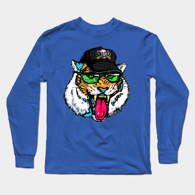 Tiger Sporting Slick Shades and Skull Cap Long Sleeve T-Shirt by Mudge